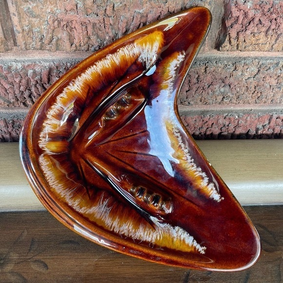 VINTAGE MCM Butterfly Ashtray Drip Glaze Brown and Gold Boomerang Shape - Picture 6 of 8